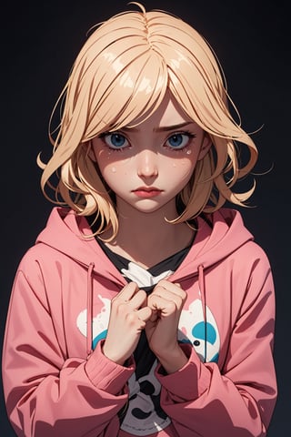 masterpiece, best quality,a sad blonde little girl with blonde hair crying with tears wearing pink hoodie, black background,3DMM