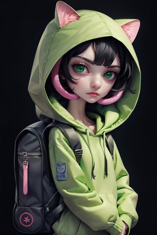 1girl, solo, looking at viewer, short hair, bangs, black hair, long sleeves, animal ears, green eyes, upper body, cat ears, hood, bag, hoodie, cat, backpack, black background, hood up, multicolored eyes, black hoodie,[collarbone]