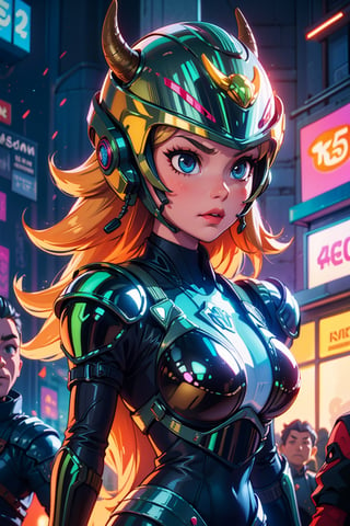 Princess peach Knight, neon lights on armor, buffalo-shaped helmet, detailed, natural shading, rendered with unreal Engine 5,in the style of SM,