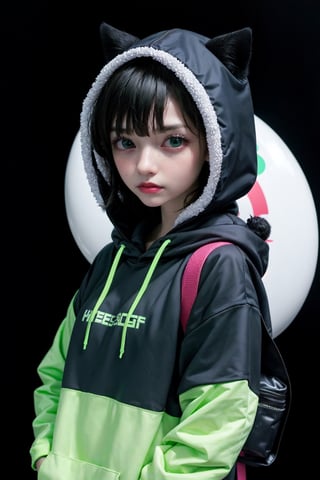 1girl, solo, looking at viewer, short hair, bangs, black hair, long sleeves, animal ears, green eyes, upper body, cat ears, hood, bag, hoodie, cat, backpack, black background, hood up, multicolored eyes, black hoodie