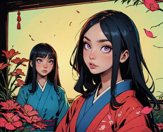 Multiple girls, glowing eyes, glowing, long hair, nice details, petals, japanese clothes