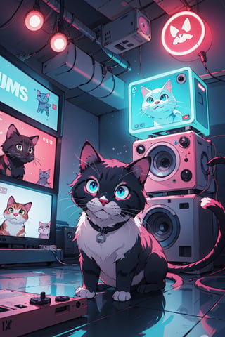 bionic cat, neon lights, fluffy fur, pixar style, by tim burttom, ((animal)), radio active liquid, detailed 3D