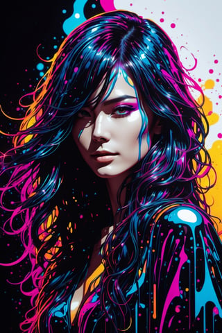 cinematic photo {thin, fine fractal glossy fluorescent colored ink sketch shiny contours outlines of a young female figure silhouette}, . 35mm photograph, film, bokeh, professional, 4k, highly detailed,cyberpunk style,dripping paint,chinese ink drawing,Leonardo Style,very long hair,neon contours on hair