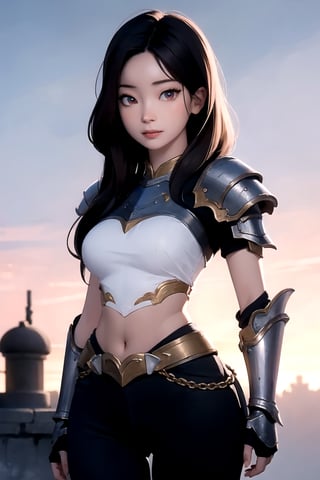 (detailed face:1.2), (looking at viewer:1.2), centered, (upper body), photography of a 22yo woman, masterpiece, | (beautiful detailed eyes:1.2), fluffy hairstyle, light red eyes, armored top, pauldrons, wide hips, lowleg tight pants, | sunset, bokeh, depth of field, | fantasy world, medieval, fantasy town, ,so-hyun.lvl2