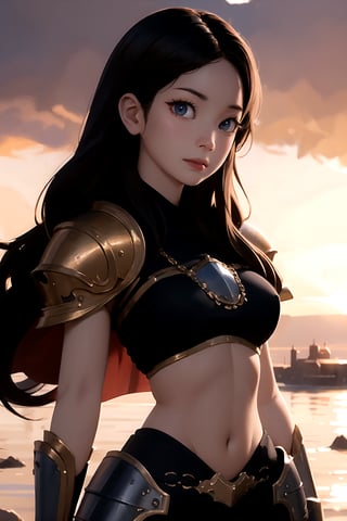 (detailed face:1.2), (looking at viewer:1.2), centered, (upper body), photography of a 22yo woman, masterpiece, | (beautiful detailed eyes:1.2), fluffy hairstyle, light red eyes, armored top, pauldrons, wide hips, lowleg tight pants, | sunset, bokeh, depth of field, | fantasy world, medieval, fantasy town, ,so-hyun.lvl2