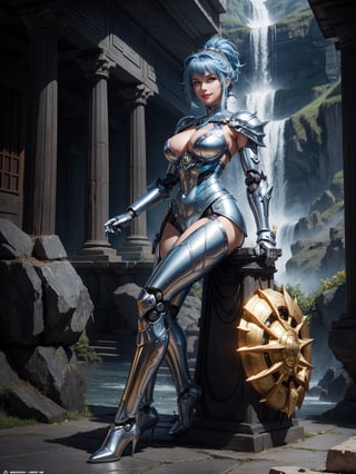 A woman – robot, wearing armor + white robotic suit with blue parts + lights attached, very tight suit, monstrously giant breasts, blue hair, short hair, hair with ponytail, helmet on the head, looking at the viewer, (((erotic pose interacting and leaning [on something|on an object]))), in a cybernetic Greek temple with many altars, structures, waterfalls,  large statues, mountain background with many waterfalls, ((full body):1.5), 16k, UHD, best possible quality, ultra detailed, best possible resolution, Unreal Engine 5, professional photography, well-detailed fingers, well-detailed hand, perfect_hands, ((the robot woman)), ((sant seiya)) + ((kingdom hearts)) + ((super metroid))