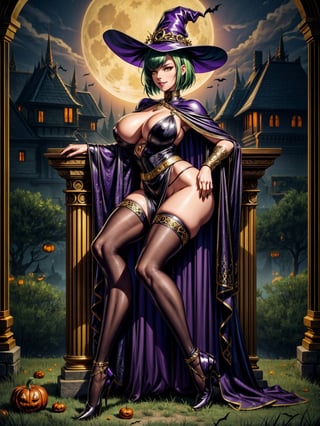 1woman, wearing black witch outfit with golden bands, extremely tight and erotic clothing, absurdly giant breasts, green hair, mohawk hair, extremely short hair, hair with bangs in front of the eyes, black witch hat on the head, looking at the viewer, (((erotic pose interacting and leaning on something))), in an ancient castle with large pillars,  furniture, figurines, window showing the forest at night with a beautiful full moon at the top right, ((full body):1.5), ((Halloween party)), 16k, UHD, best possible quality, ((ultra detailed):1), best possible resolution, Unreal Engine 5, professional photography, perfect_hands