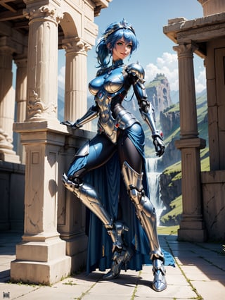 A woman – robot, wearing armor + white robotic suit with blue parts + lights attached, very tight suit, monstrously giant breasts, blue hair, short hair, hair with ponytail, helmet on the head, looking at the viewer, (((erotic pose interacting and leaning [on something|on an object]))), in a cybernetic Greek temple with many altars, structures, waterfalls,  large statues, mountain background with many waterfalls, ((full body):1.5), 16k, UHD, best possible quality, ultra detailed, best possible resolution, Unreal Engine 5, professional photography, well-detailed fingers, well-detailed hand, perfect_hands, ((the robot woman)), ((sant seiya)) + ((kingdom hearts)) + ((super metroid))