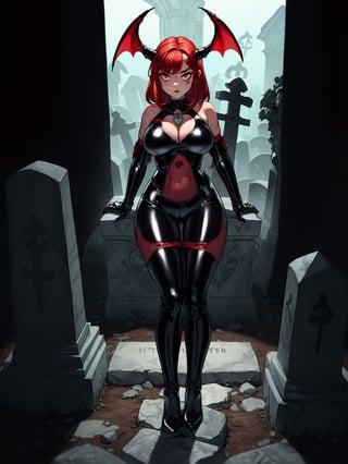 {((1vampire woman with black horns))}, {((wearing erotic clothing made of black latex with red parts, extremely tight and tight on the body,)), ((she has large bat wings)), (((absurdly large and firm breasts)), ((looking at the viewer, messy red hair with bangs)), she is ((posing sensually, [leaning against a gate of arrowhead railings|leaning against a tombstone|sitting on a high tombstone]:1.3)), ((in a cemetery, it's daylight, bright sunlight, light fixtures stuck in stones from faded tombstones)), (((full body))), 16k, UHD, ((Better quality, better resolution, better detail))