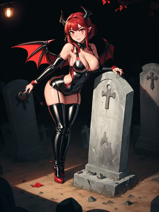 {((1vampire woman with black horns))}, {((wearing erotic clothing made of black latex with red parts, extremely tight and tight on the body,)), ((she has large bat wings)), (((absurdly large and firm breasts)), ((looking at the viewer, messy red hair with bangs)), she is ((doing sensual pose, [leaning against a high tombstone|leaning against a tombstone|sitting on a high tombstone]:1.3)), ((in a cemetery, it's daytime, strong sunlight, light fixtures stuck in stones from faded tombstones))), (((full body))), 16k, UHD, ((Better quality, better resolution, better detail))