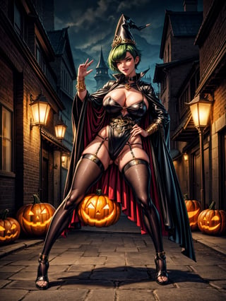 1woman, wearing black witch outfit with golden bands, extremely tight and erotic clothing, absurdly giant breasts, green hair, mohawk hair, extremely short hair, hair with bangs in front of the eyes, black witch hat on the head, looking at the viewer, (((erotic pose interacting and leaning on something))), in a city having party altars, pumpkins,  lamps illuminating the city, macabre city background having halloween party by night, ((full body):1.5), 16k, UHD, best possible quality, ((ultra detailed):1), best possible resolution, Unreal Engine 5, professional photography, perfect_hands