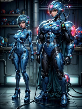 (Just one woman), wearing a blue cybernetic suit with robotic parts, extremely sexual costume, tight and tight, (gigantic breasts), blue hair, very short hair, straight hair, hair with bangs in front of the eyes, cybernetic helmet on the head, looking at the viewer, (((erotic pose interacting and leaning on something))), in a laboratory, with coutadores, machines, robots, running water in transparent pipes,  holes entering lighting, ((full body):1.5), ((Super_Metroid+Megaman)),16k, UHD, best possible quality, ((ultra detailed):1.2), best possible resolution, Unreal Engine 5, professional photography, perfect_hands