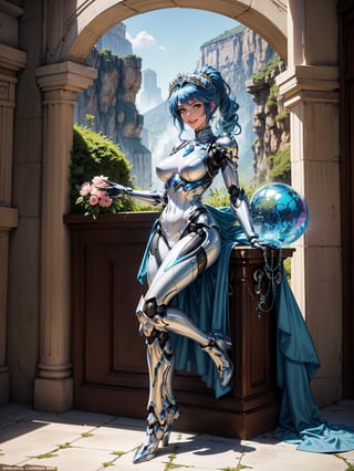 A woman – robot, wearing armor + white robotic suit with blue parts + lights attached, very tight suit, monstrously giant breasts, blue hair, short hair, hair with ponytail, helmet on the head, looking at the viewer, (((erotic pose interacting and leaning [on something|on an object]))), in a cybernetic Greek temple with many altars, structures, waterfalls,  large statues, mountain background with many waterfalls, ((full body):1.5), 16k, UHD, best possible quality, ultra detailed, best possible resolution, Unreal Engine 5, professional photography, well-detailed fingers, well-detailed hand, perfect_hands, ((the robot woman)), ((sant seiya)) + ((kingdom hearts)) + ((super metroid))