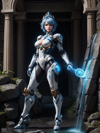 A woman – robot, wearing armor + white robotic suit with blue parts + lights attached, very tight suit, monstrously giant breasts, blue hair, short hair, hair with ponytail, helmet on the head, looking at the viewer, (((erotic pose interacting and leaning [on something|on an object]))), in a cybernetic Greek temple with many altars, structures, waterfalls,  large statues, mountain background with many waterfalls, ((full body):1.5), 16k, UHD, best possible quality, ultra detailed, best possible resolution, Unreal Engine 5, professional photography, well-detailed fingers, well-detailed hand, perfect_hands, ((the robot woman)), ((sant seiya)) + ((kingdom hearts)) + ((super metroid))