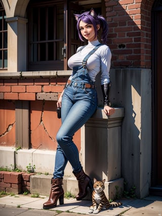 A woman, wearing blue jeans overalls, white t-shirt, leather boots, tight clothes, gigantic breasts, purple hair, short hair with a ponytail, ((cat ears on her head)), looking at the viewer, ((posing with interaction and leaning on [something|an object])), in front of a brick house with a chair, structures, mailbox, it's daytime, ((full body):1.5), 16k, UHD, best possible quality, ultra detailed, best possible resolution, Unreal Engine 5, professional photography, hand and fingers well done, well-structured fingers and hands, well-detailed fingers, well-detailed hand, perfect_hands, perfect, ((cat woman))