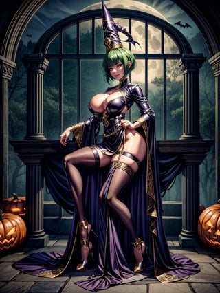 1woman, wearing black witch outfit with golden bands, extremely tight and erotic clothing, absurdly giant breasts, green hair, mohawk hair, extremely short hair, hair with bangs in front of the eyes, black witch hat on the head, looking at the viewer, (((erotic pose interacting and leaning on something))), in an ancient castle with large pillars,  furniture, figurines, window showing the forest at night with a beautiful full moon at the top right, ((full body):1.5), ((Halloween party)), 16k, UHD, best possible quality, ((ultra detailed):1), best possible resolution, Unreal Engine 5, professional photography, perfect_hands