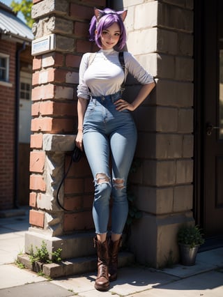 A woman, wearing blue jeans overalls, white t-shirt, leather boots, tight clothes, gigantic breasts, purple hair, short hair with a ponytail, ((cat ears on her head)), looking at the viewer, ((posing with interaction and leaning on [something|an object])), in front of a brick house with a chair, structures, mailbox, it's daytime, ((full body):1.5), 16k, UHD, best possible quality, ultra detailed, best possible resolution, Unreal Engine 5, professional photography, hand and fingers well done, well-structured fingers and hands, well-detailed fingers, well-detailed hand, perfect_hands, perfect, ((cat woman))