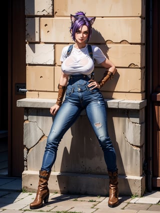 A woman, wearing blue jeans overalls, white t-shirt, leather boots, tight clothes, gigantic breasts, purple hair, short hair with a ponytail, ((cat ears on her head)), looking at the viewer, ((posing with interaction and leaning on [something|an object])), in front of a brick house with a chair, structures, mailbox, it's daytime, ((full body):1.5), 16k, UHD, best possible quality, ultra detailed, best possible resolution, Unreal Engine 5, professional photography, hand and fingers well done, well-structured fingers and hands, well-detailed fingers, well-detailed hand, perfect_hands, perfect, ((cat woman))