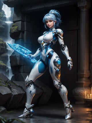 A woman – robot, wearing armor + white robotic suit with blue parts + lights attached, very tight suit, monstrously giant breasts, blue hair, short hair, hair with ponytail, helmet on the head, looking at the viewer, (((erotic pose interacting and leaning [on something|on an object]))), in a cybernetic Greek temple with many altars, structures, waterfalls,  large statues, mountain background with many waterfalls, ((full body):1.5), 16k, UHD, best possible quality, ultra detailed, best possible resolution, Unreal Engine 5, professional photography, well-detailed fingers, well-detailed hand, perfect_hands, ((the robot woman)), ((sant seiya)) + ((kingdom hearts)) + ((super metroid))