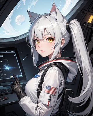 masterpiece, best quality, 1girl, spacecraft interior, spacesuit, upper body, from side, science fiction, yellow eyes, twintails, silver hair, cat ears, looking at viewer,
