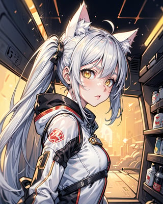 masterpiece, best quality, 1girl, spacecraft interior, spacesuit, upper body, from side, science fiction, yellow eyes, twintails, silver hair, cat ears, looking at viewer,
,Tex Mex Burrito Style,1 girl, strong outline line, (anime:1.5)