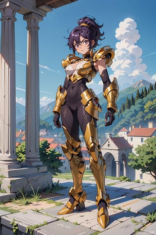 A girl, wearing gold armor+robotic suit, extremely large breasts, purple hair, short hair, hair with ponytail, hair with bangs covering the eye, no helmet on the head, (((staring at the viewer, pose interacting and leaning [on something| on an object]))), in an ancient Greek temple in the mountains, with various alters, structures, marble statues, beautiful landscape, ((full body):1.5), 16k, UHD, best possible quality, ultra detailed, best possible resolution, Unreal Engine 5, professional photography, well-detailed fingers, well-detailed hand, perfect_hands, ((saint seiya style, mecha style)), action pose, sexy,
prado verde con flores y arboles al fondo junto a un castillo en una montaña, cielo despejado con pocas nubes y soleado,leoarmor