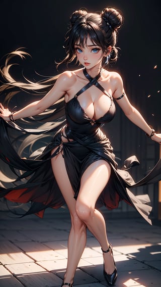 (hyper detailed, high resolution, best shadows), black background, 1woman, black hair, long hair, hair-past-waist, hair in a bun, big breasts, SXY Draped Criss Cross Dress, hightheels, beautiful face, smooth body, perfect legs, blue eyes, almond eyes, ((full_body))