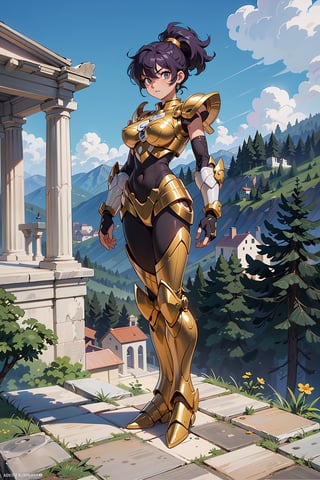 A girl, wearing gold armor+robotic suit, extremely large breasts, purple hair, short hair, hair with ponytail, hair with bangs covering the eye, no helmet on the head, (((staring at the viewer, pose interacting and leaning [on something| on an object]))), in an ancient Greek temple in the mountains, with various alters, structures, marble statues, beautiful landscape, ((full body):1.5), 16k, UHD, best possible quality, ultra detailed, best possible resolution, Unreal Engine 5, professional photography, well-detailed fingers, well-detailed hand, perfect_hands, ((saint seiya style, mecha style)), action pose, sexy,
prado verde con flores y arboles al fondo junto a un castillo en una montaña, cielo despejado con pocas nubes y soleado,leoarmor