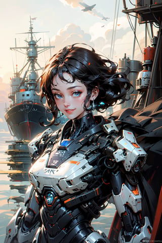 Sci-Fi , 1 pretty cyborg Girl with cheeky grin . Weather is clear almost sunset  . Background has sports car and 2 floating ships ,{(little robot)}, {(solo)}, upper body , {(complex, Machine background ,futuristic car and floating ships outdoors background, Mecha Transport parts)}