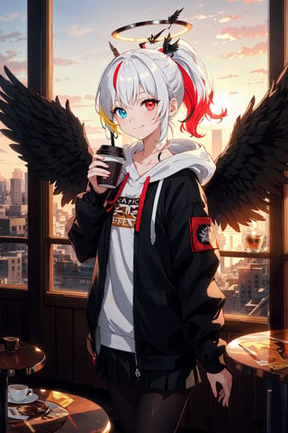 girl with 2 wings, (one wing is (white:1.3) and another is (black:1.3):1.3),1girl, solo, wing, (mismatched wings:1.4), (multicolored wings:1.4), (black left wing:1.3), (white right wing:1.3), feathered wings, (fallen angel),(black hoodie:1.2,black skirt,tights,black pantyhose),(flat chest:1.2, halo, white hair:1.2), long hair:1.1, ponytail:1.1, diadem,(left red eyes,heterochromia,right blue eyes), (glowing eyes:1.5,aura),(aggressive look,evil smile,closed mouth),weird atmosphere, (best quality:1.1), (masterpiece:1.2), high quality shadow, beautiful detailed, (high detailed skin, skin details), beautiful face, detailed eyes, depth of field, dramatic light,best quality, highres, best shadow, best illumination,(backlighting), beautiful girl,(cafe,table of coffee,holding coffee:1.3, evening, sunset)