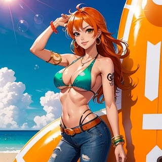 nami \(one piece\), 1girl, bangle, bangs, bare shoulders, belt, bikini, bikini top only, blue sky, bracelet, breasts, brown eyes, bubble, cleavage, cloud, cowboy shot, day, denim, earrings, floating hair, green belt, green bikini, jeans, jewelry, large breasts, log pose, long hair, looking at viewer, navel, orange hair, pants, shoulder tattoo, sidelocks, sky, smile, solo, standing, swimsuit, tattoo , ((masterpiece)) 
