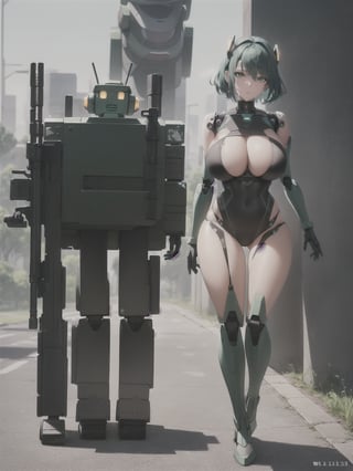 ((Full body):2) (({1/woman – cyborg}):1.5). Only {1/woman, cyborg}:((she has a semi human half machine half human body, is wearing a futuristic black suit extremely tight on her body):1.3). Only {1/woman, cyborg}:((has extremely large breasts):1.3). Only {1/woman – cyborg}:((has very short blue hair, dark green eyes):1.3). Only {1/woman – cyborg}:((stunning sensual poses holding a futuristic sniper rifle standing):1.3). In a futuristic city, it's raining a lot at night, the city is with ((several robots running):1.5) behind Only {1/cyborg woman}. anime, anime style, 16k, high resolution, ((best quality, high detail: 1.3)), UHD, ((masterpiece))