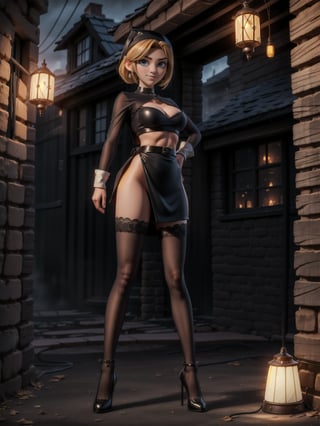 ((full body, standing):1.5), {((1 woman))}, {((wearing almost invisible black maid costume with white parts extremely sensual, extremely transparent, tight and tight on the body)), ( (extremely large breasts)), ((very short mohawk blonde hair, blue eyes)) looking at the viewer, smiling, very happy, ((exhibitionist pose leaning against)), ((in a dark alley with heavy fog, several thugs behind, several bandits around, lamps, several bandits in the windows, parked cars))}, 16k, best quality, best resolution, best sharpness, ultra detailed,Kitami Reika,TinkerWaifu