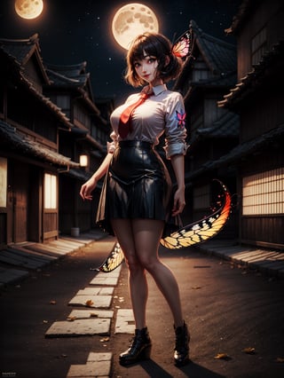 ((full body, standing):1.5), {((1 woman))}, {((wearing school suit with red skewer with tie, short black skirt, white stockings)), ((extremely large breasts)), ((very short black hair, blue eyes)) looking at the viewer, smiling, very happy, ((exhibitionist pose leaning back)), ((in an ancient Japanese ghost town, ghosts shadowing it, ghosts flying, night, just a full moon in the sky))}, (Fatal Frame Crimson Butterfly), 16k, best quality, best resolution, best sharpness, ultra detailed,