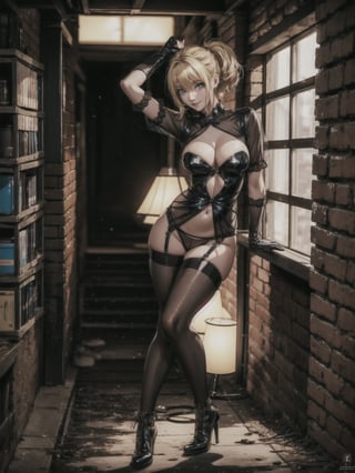 ((full body, standing):1.5), {((1 woman))}, {((wearing almost invisible black maid costume with white parts extremely sensual, extremely transparent, tight and tight on the body)), ( (extremely large breasts)), ((very short mohawk blonde hair, blue eyes)) looking at the viewer, smiling, very happy, ((exhibitionist pose leaning against)), ((in a dark alley with heavy fog, several thugs behind, several bandits around, lamps, several bandits in the windows, parked cars))}, 16k, best quality, best resolution, best sharpness, ultra detailed,Kitami Reika,TinkerWaifu