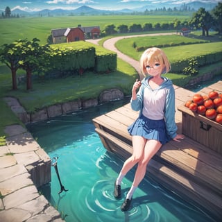 best quality,((1girl, solo)),fullbody, light blue eyes,(light blonde hair),short hair,short shirt,flat chest,glasses,blue hoddie,blue skirt, red shoes,(black socks),((picking a scissor,a hand on the hair))
(farm,tomatoes,plantation,a village in the distance, river ),smile, cute, sweat,
ducks,birds in the sky,boat
,cupa_minecraft,no_humans,scenery