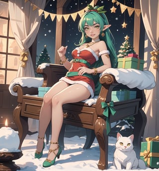 Image in Christmas, Fantasy, Adventure and Romance style, rendered in crystal clear 4K. | Minty, a 24-year-old woman with an athletic body and prominent curves, is posing in a Santa Claus house filled with wooden structures, snow, metal structures, plastic structures, a sleigh and toys. She is dressed in a green and white Santa Claus elf costume, with red details, which fits her body perfectly. Her short green hair is styled in a sleek, modern cut, while her bright yellow eyes are looking at the viewer with a bright ((bright smile, showing off her white teeth)) and red painted lips. She is also wearing a pair of green sunglasses with mirrored lenses, a gold necklace with a bell-shaped pendant, silver bracelets on her hands and a gold ring with a small diamond on her left hand. | The camera captures Minty in a three-quarter angle, with Santa's house serving as a festive, enchanted backdrop. The lighting is warm and welcoming, with twinkling lights on Christmas trees and lit candles scattered throughout the house. | Gently falling snow effects and a magical glow further add to the feeling of fantasy and adventure. | Theme Summary: Minty, an attractive young woman in a Santa elf costume, posing in a Santa house filled with toys and festive decorations. | (((((The camera captures Minty in a full-body_shot, striking a sensual_pose, leaning enticingly on a structure within the scene. She assumes a relaxed_pose as she interacts, leaning on the structure in the scene, reclining sensually to add an extra allure to the image))))). | ((perfect_body)), ((perfect_pose)), ((full-body_shot)), ((perfect_fingers, better_hands, perfect_hands)), ((perfect_legs, perfect_feet)), ((perfect_design)), ((fix_errors, perfect_composition) ), ((very detailed scene, very detailed background, perfect_layout, correct_imperfections)), ((fix_errors, More Detail, Enhance))