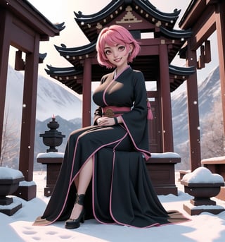 An ultra-detailed 16K masterpiece with fantasy and adventure styles, rendered in ultra-high resolution with realistic detail. Myia, a beautiful 23-year-old woman, is dressed as a ninja in an ancient temple in the snowy mountains. She wears a suit of black clothes, a red sash, black boots and black gloves. Her short ((pink hair)) is styled in a Mohican cut, with gradient effects. She has red eyes, ((looking at the viewer while smiling, showing her teeth)) and wearing red lipstick. The image emphasises Myia's imposing figure and the architectural elements of the ancient temple. The rocky, wooden and carved structures, together with the statuettes and the background of snowy mountains, create a mysterious and tense atmosphere. The melted wax candles, stone sarcophagus and bones scattered on the floor add macabre detail to the scene. Soft, sombre lighting effects create a relaxing, mysterious atmosphere, while detailed textures on the structures and costume add realism to the image. | A tense and mysterious scene of a beautiful ninja in an ancient temple in the snowy mountains, fusing elements of fantasy and adventure. (((The image reveals a full-body shot as Myia assumes a sensual pose, engagingly leaning against a structure within the scene in an exciting manner. She takes on a sensual pose as she interacts, boldly leaning on a structure, leaning back and boldly throwing herself onto the structure, reclining back in an exhilarating way.))). | ((((full-body shot)))), ((perfect pose)), ((perfect limbs, perfect fingers, better hands, perfect hands, hands)), ((perfect legs, perfect feet)), ((huge breasts)), ((perfect design)), ((perfect composition)), ((very detailed scene, very detailed background, perfect layout, correct imperfections)), Enhance, Ultra details++, More Detail, poakl