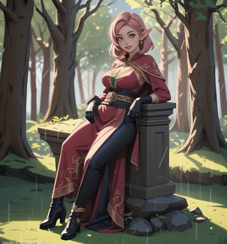 An ultra-detailed 16K masterpiece in the styles of Warcraft, fantasy and adventure, rendered in ultra-high resolution with realistic detail. Naiya, a beautiful 23-year-old woman, is dressed as an archer in an elven forest at night, when it's raining hard. She wears a green suit of clothes, a brown sash, brown boots and brown gloves. Her short pink hair is styled in a Mohican cut, with gradient effects. She has red eyes, looking at the viewer while smiling, showing her teeth and wearing red lipstick. The image emphasises Naiya's imposing figure and the architectural elements of the elven forest. The trunks, trees, rock structures, pillars and wooden structures create a mysterious and tense atmosphere. The melted wax candles, stone sarcophagus and bones scattered on the ground add macabre detail to the scene. Soft, sombre lighting effects create a relaxing, mysterious atmosphere, while detailed textures on the structures and costume add realism to the image. | A tense and mysterious scene of a beautiful female archer in an elven forest at night, raining heavily, fusing elements of Warcraft, fantasy and adventure. (((The image reveals a full-body shot as Naiya assumes a sensual pose, engagingly leaning against a structure within the scene in an exciting manner. She takes on a sensual pose as she interacts, boldly leaning on a structure, leaning back and boldly throwing herself onto the structure, reclining back in an exhilarating way.))). | ((((full-body shot)))), ((perfect pose)), ((perfect limbs, perfect fingers, better hands, perfect hands, hands)), ((perfect legs, perfect feet)), ((huge breasts)), ((perfect design)), ((perfect composition)), ((very detailed scene, very detailed background, perfect layout, correct imperfections)), Enhance, Ultra details++, More Detail, poakl