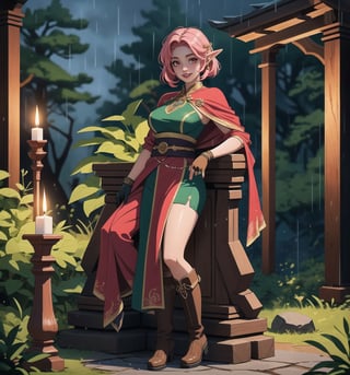 An ultra-detailed 16K masterpiece in the styles of Warcraft, fantasy and adventure, rendered in ultra-high resolution with realistic detail. Naiya, a beautiful 23-year-old woman, is dressed as an archer in an elven forest at night, when it's raining hard. She wears a green suit of clothes, a brown sash, brown boots and brown gloves. Her short pink hair is styled in a Mohican cut, with gradient effects. She has red eyes, looking at the viewer while smiling, showing her teeth and wearing red lipstick. The image emphasises Naiya's imposing figure and the architectural elements of the elven forest. The trunks, trees, rock structures, pillars and wooden structures create a mysterious and tense atmosphere. The melted wax candles, stone sarcophagus and bones scattered on the ground add macabre detail to the scene. Soft, sombre lighting effects create a relaxing, mysterious atmosphere, while detailed textures on the structures and costume add realism to the image. | A tense and mysterious scene of a beautiful female archer in an elven forest at night, raining heavily, fusing elements of Warcraft, fantasy and adventure. (((The image reveals a full-body shot as Naiya assumes a sensual pose, engagingly leaning against a structure within the scene in an exciting manner. She takes on a sensual pose as she interacts, boldly leaning on a structure, leaning back and boldly throwing herself onto the structure, reclining back in an exhilarating way.))). | ((((full-body shot)))), ((perfect pose)), ((perfect limbs, perfect fingers, better hands, perfect hands, hands)), ((perfect legs, perfect feet)), ((huge breasts)), ((perfect design)), ((perfect composition)), ((very detailed scene, very detailed background, perfect layout, correct imperfections)), Enhance, Ultra details++, More Detail, poakl