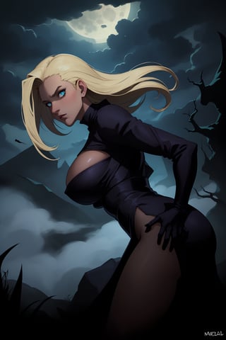 (masterpiece), best quality, expressive eyes, perfect face,  ino dark clothes, gigantic breasts, dark skin, view from side, (masterpiece), best quality, expressive eyes, perfect face, enchanted forest, dark night, black shadows, bending over, cloudy, moonless night, no light:1.4), darkness, (at night, Dark_Mediaval