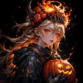 A pumpkin-headed character with blazing fire eyes, intricate pumpkin texture, detailed facial features, fantasy world background, glowing elements, cinematic lighting, vibrant colors, digital art
