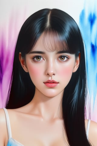 (masterpiece), realistic, (portrait of a girl), beautiful face, sunlight, cinematic light, bangs, a beautiful woman, beautiful eyes, black hair, perfect anatomy, very cute, princess eyes , (black eyes) , (frame the head), Centered image, stylized, bioluminescence, 8 life size,8k Resolution, white low-cut dress with small blue details, human hands, wonder full, elegant, approaching perfection, dynamic, highly detailed, character sheet, concept art, smooth, facing directly at the viewer positioned so that their body is symmetrical and balanced, stunningly beautiful teenage girl, detailed hairstyle,1girl,flower, Lisianthus ,in the style of light pink and light azure, dreamy and romantic compositions, pale pink, ethereal foliage, playful arrangements,fantasy, high contrast, ink strokes, explosions, over exposure, purple and red tone impression , abstract, ((watercolor painting by John Berkey and Jeremy Mann )) brush strokes, negative space,