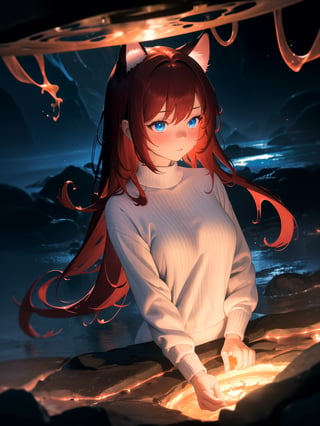 masterpiece, best quality, highres, 1girl, solo, scenery, bioluminescence, depth of field, rim lighting, fire, magma, elemental, swirling soul lights, magic, raifu, dark red hair, blue eyes, straight hair, cat ears, white sweater, (medium breasts:0.8), mature female, blush,highres,booru