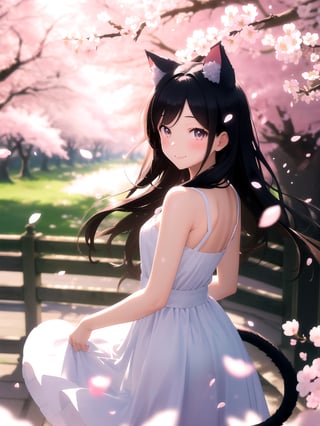 masterpiece, best quality, highres, booru, 1girl, solo, cat ears, long hair, dress, bare shoulders, looking at viewer, blush, light smile, scenery, cherry blossoms, flowers, petals, depth of field,