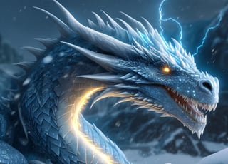 realistic, Ice Dragon, desolate, intricately detailed, artistic lightning, particles, beautiful, amazing, highly detailed, digital art, sharp focus, trending on art station,