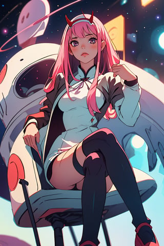 (best quality, masterpiece), 1girl, looking at viewer, blurry background, contemporary, dress, pink long hair,space,zettai ryouiki,zero two,pantie