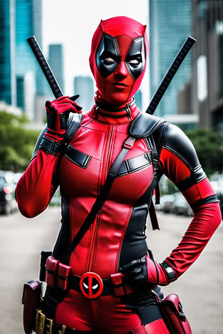 A photograph of a girl dressed as Deadpool, with vibrant colors and dynamic poses, capturing the essence of heroism.