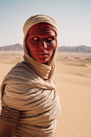 color photo of a cinematic portrait featuring a mummy with striking red eyes, set against the backdrop of a vast desert. The mummy, wrapped in ancient bandages, exudes an aura of mystery and intrigue. Its red eyes glow with an otherworldly intensity, capturing the viewer's attention and drawing them into its enigmatic gaze.,Movie Still