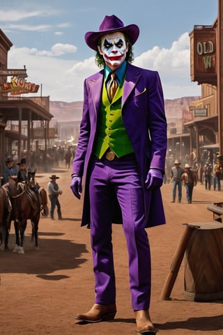  hyper-realistic portrayal of the Joker as a cowboy, immersed in the atmosphere of the futuristic "old west" setting. The eye-level angle captures the intensity of the moment,  by Jeff Koons